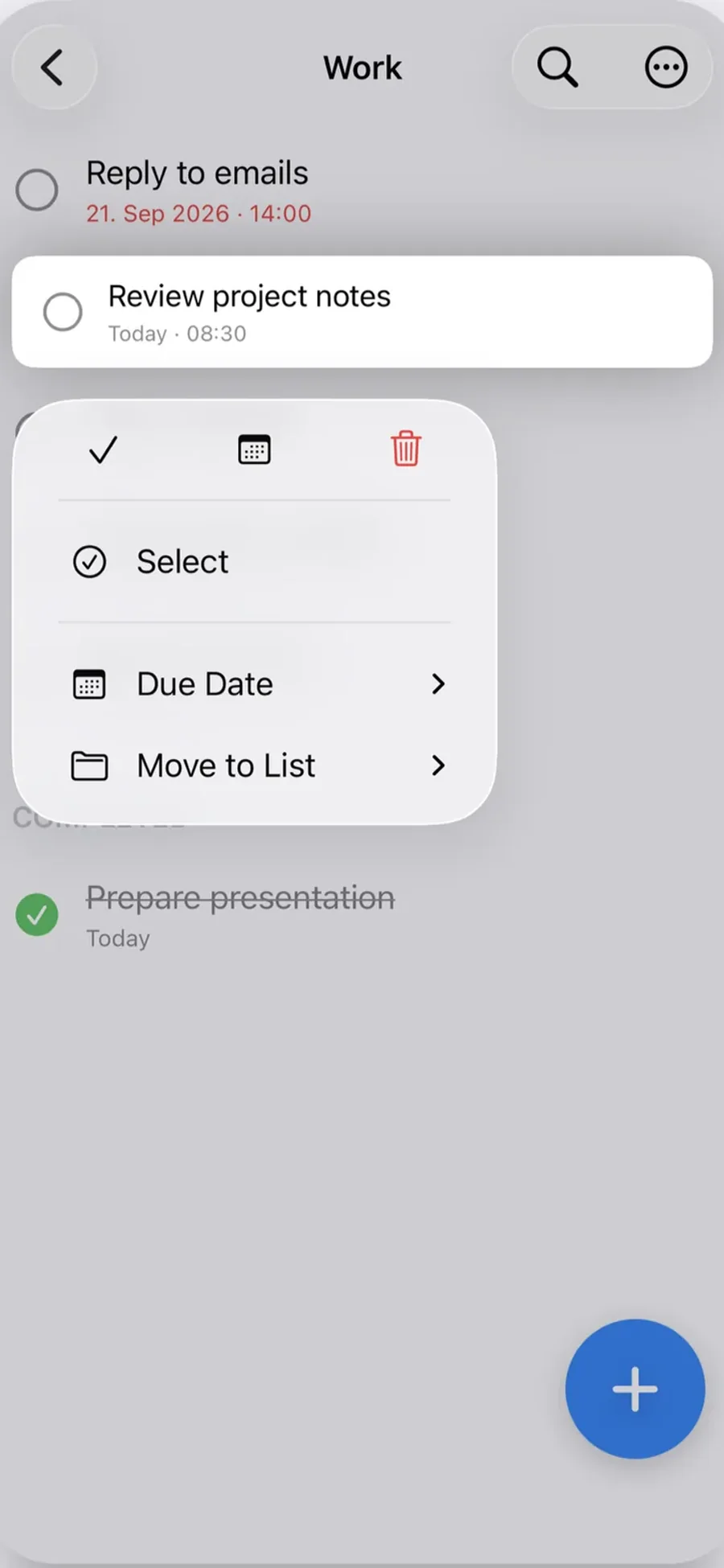 Clarent task menu with the complete action