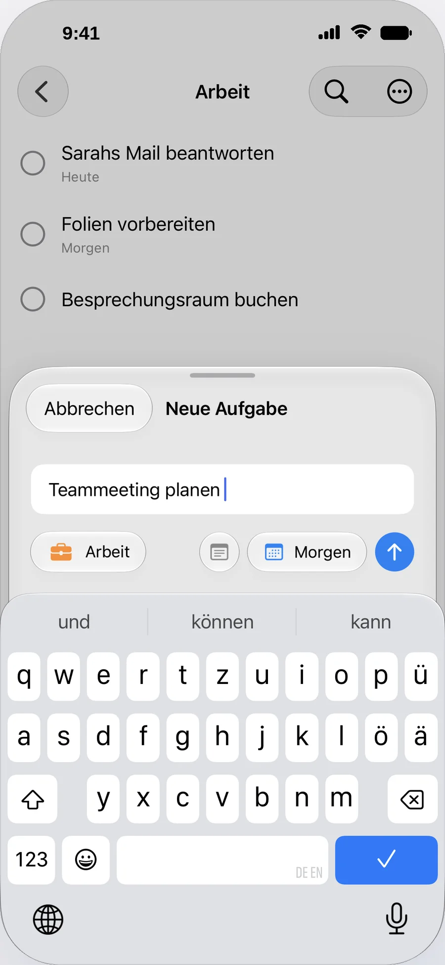 Eine Aufgabe mit Fälligkeit und Tastatur in der Liste Arbeit anlegen