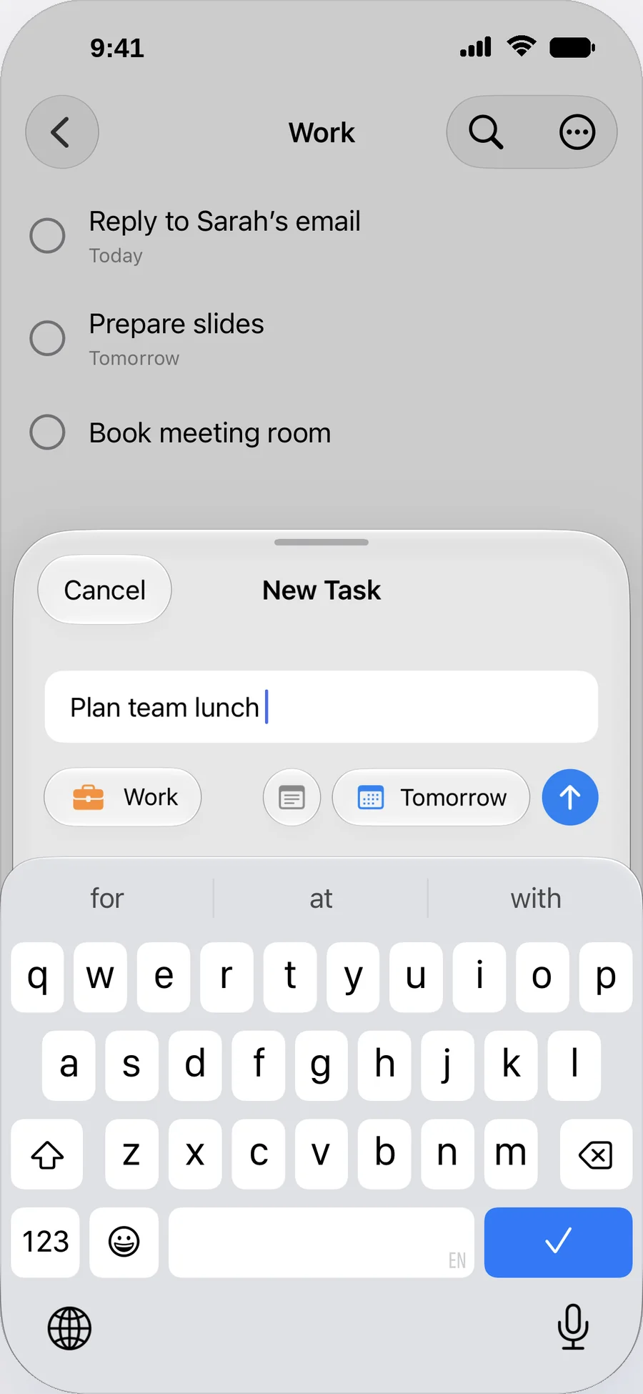 Create a task in the Work list with a due date and keyboard